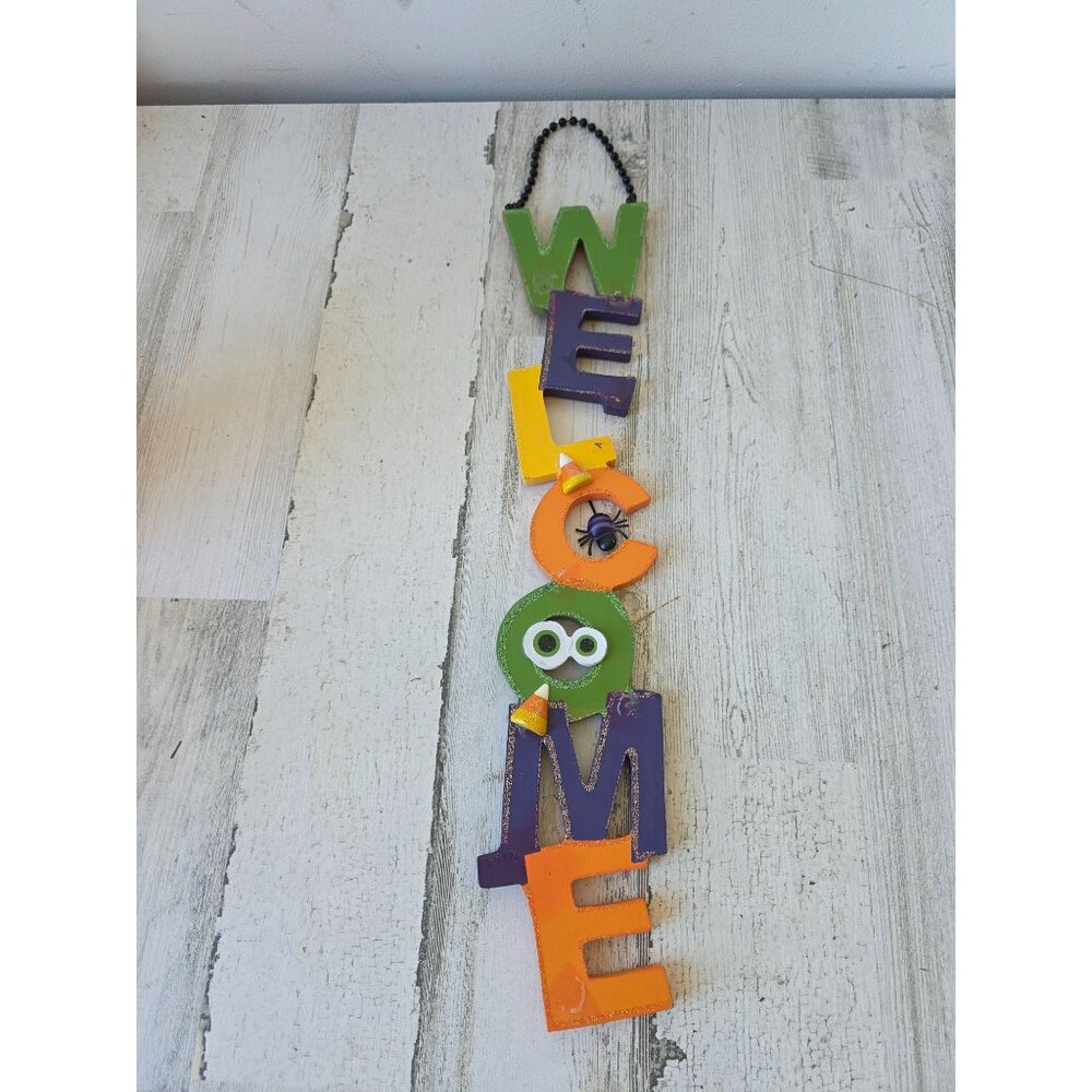 Wooden welcome Halloween candy corn spider home decor